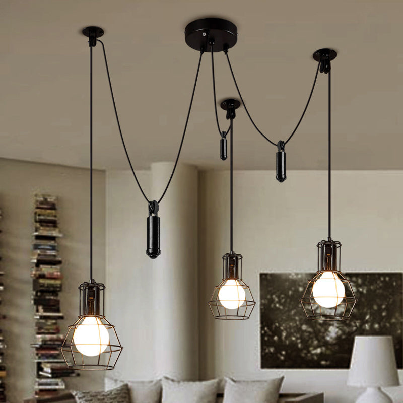 3/5/8 Heads Caged Pendant Light Fixture Farmhouse Black Metallic Hanging Lamp with Swag Design