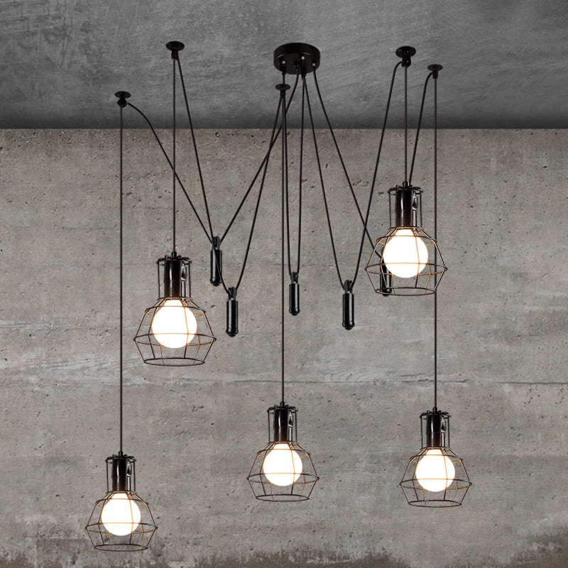 3/5/8 Heads Caged Pendant Light Fixture Farmhouse Black Metallic Hanging Lamp with Swag Design