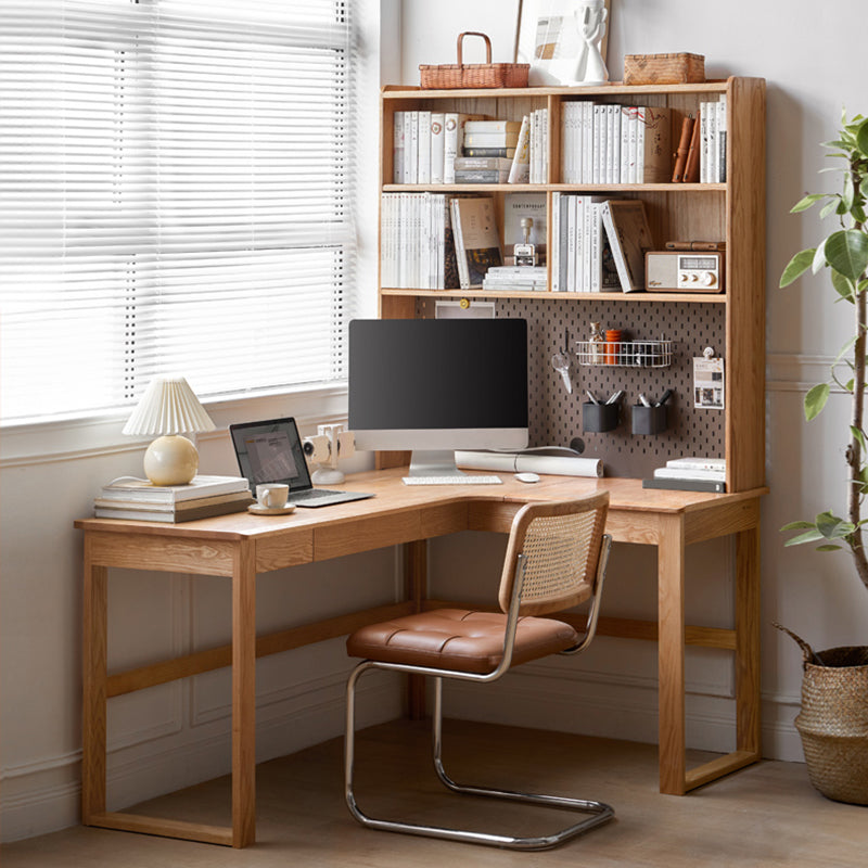 Oak L-shape Home Writing Desk Drawer Cable Management Computer Desk