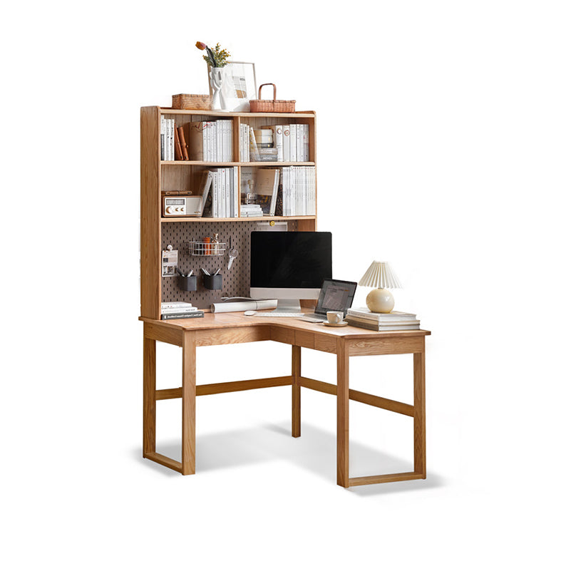 Oak L-shape Home Writing Desk Drawer Cable Management Computer Desk