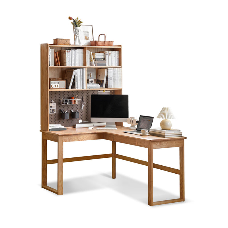 Oak L-shape Home Writing Desk Drawer Cable Management Computer Desk