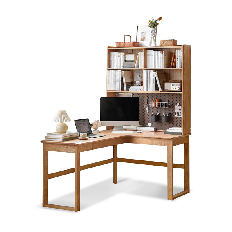 Oak L-shape Home Writing Desk Drawer Cable Management Computer Desk