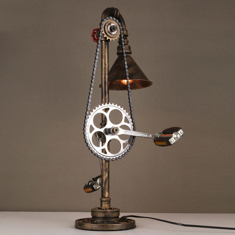 Steampunk Conical Table Lighting with Bicycle Design 1 Bulb Wrought Iron Table Lamp in Brass for Living Room