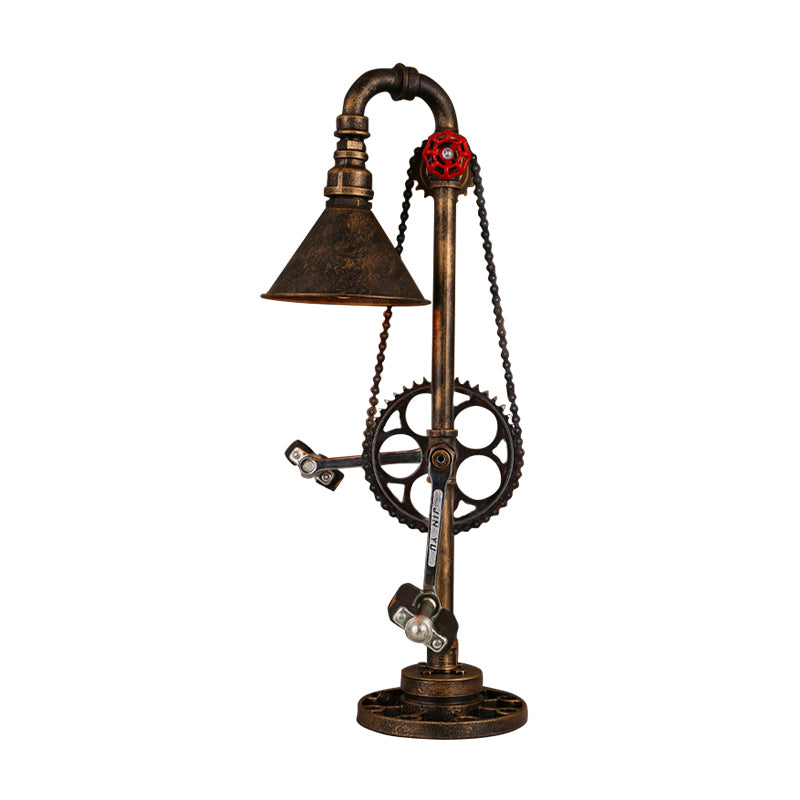 Steampunk Conical Table Lighting with Bicycle Design 1 Bulb Wrought Iron Table Lamp in Brass for Living Room