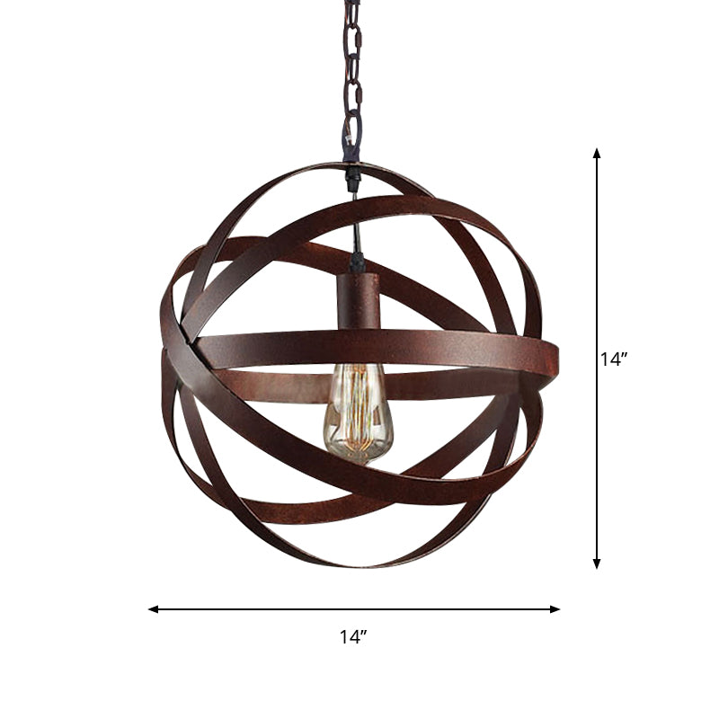 Weathered Copper Spherical Pendant Light Industrial Metal 1 Bulb Living Room Hanging Lamp