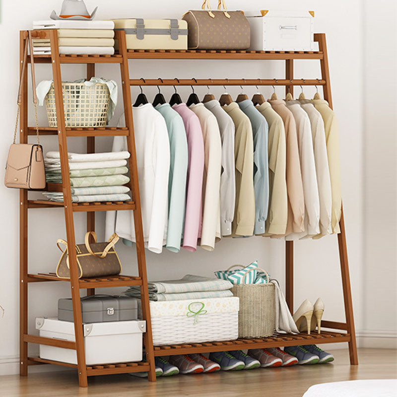 Modern Coat Rack Solid Wood Double Hooks Clothes Hanger with Storage Shelving