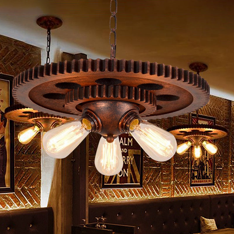 3 Lights Chandelier Light with Open Bulb and Gear Design Metal Retro Restaurant Pendant Lighting in Weathered Copper