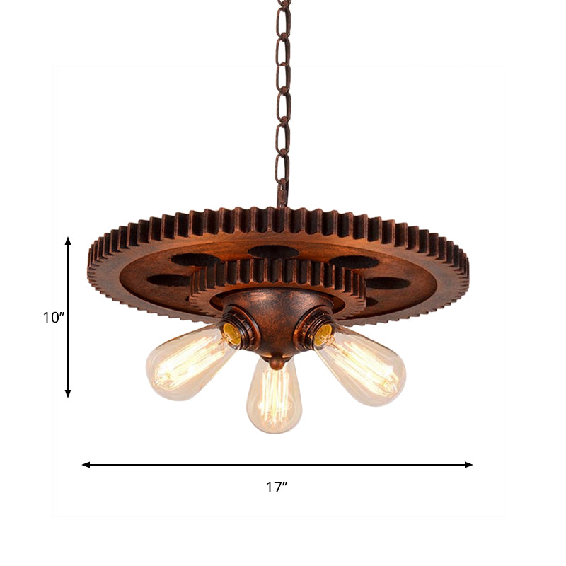 3 Lights Chandelier Light with Open Bulb and Gear Design Metal Retro Restaurant Pendant Lighting in Weathered Copper