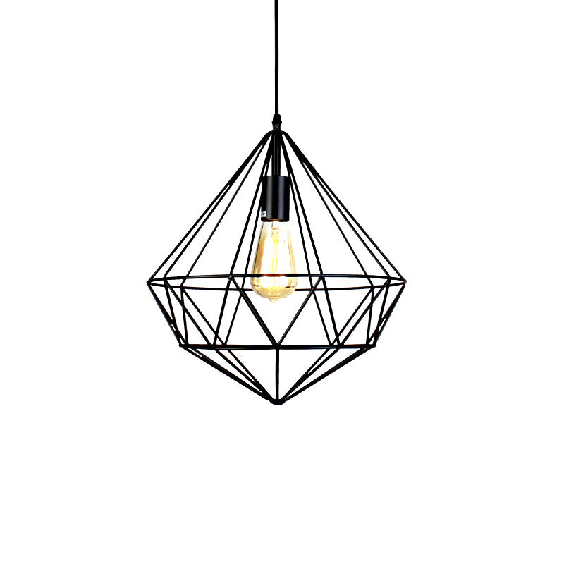 1 Bulb Ceiling Light Industrial Faceted Cage Metal Pendant Ceiling Light in Black for Living Room