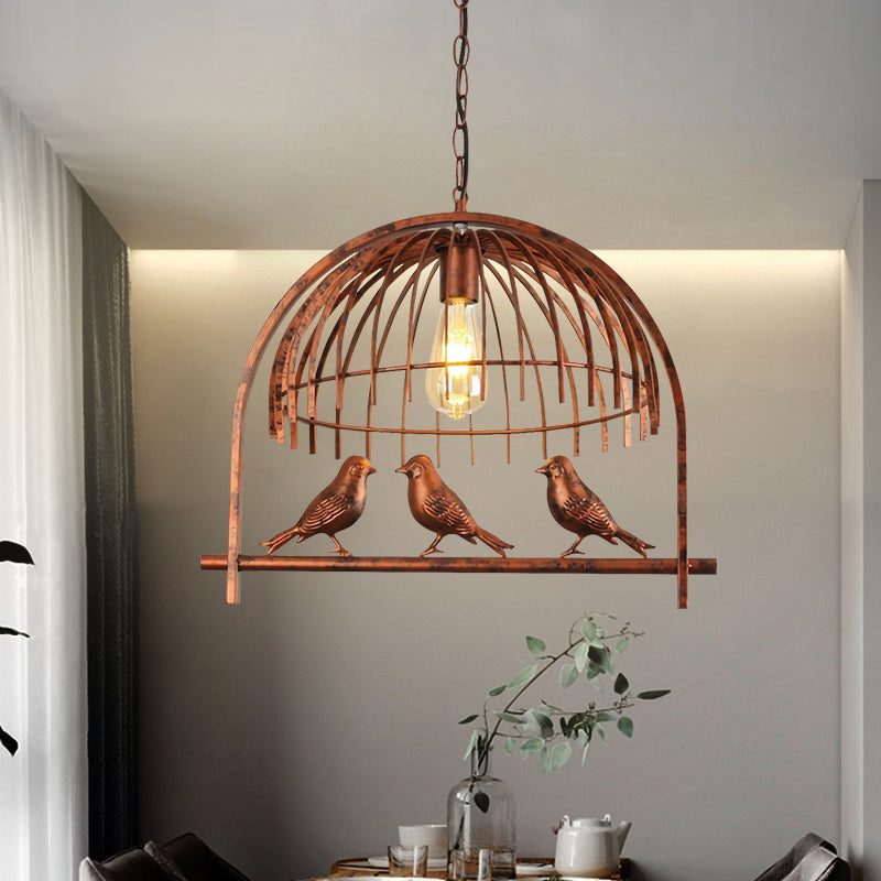 1 Head Wire Dome Hanging Light with Bird Decoration Lodge Style Rust Metal Suspension Lamp