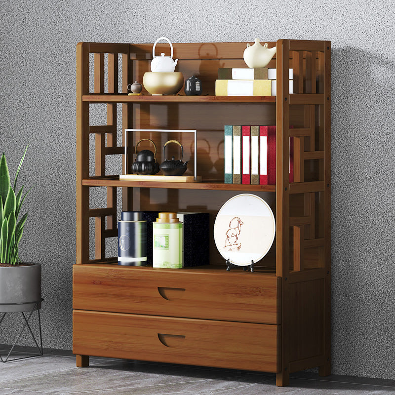 Contemporary Brown Bamboo Buffet Sideboard Open Storage Buffet Table with 2-Drawers