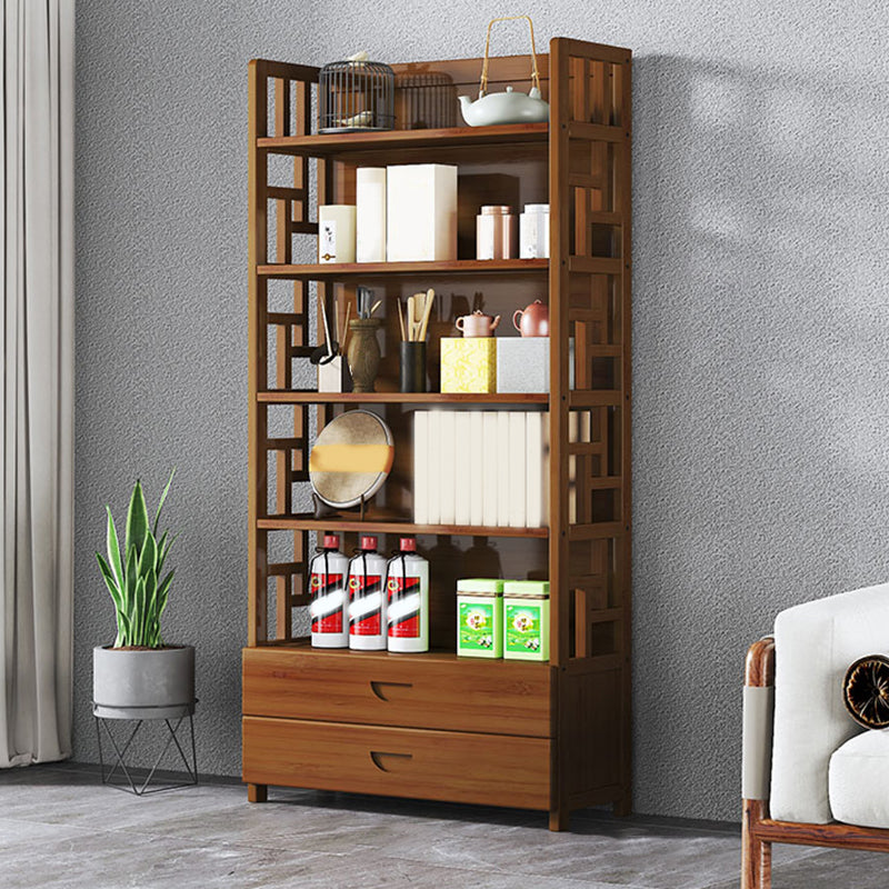 Contemporary Brown Bamboo Buffet Sideboard Open Storage Buffet Table with 2-Drawers