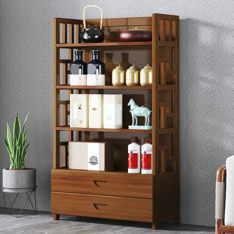 Contemporary Brown Bamboo Buffet Sideboard Open Storage Buffet Table with 2-Drawers