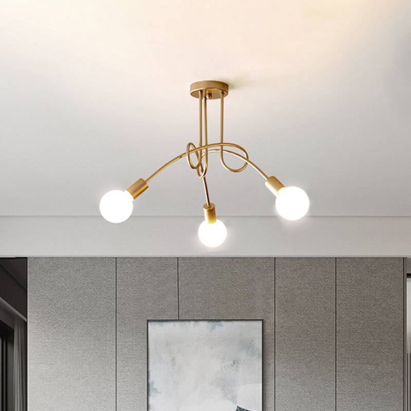 Industrial Style Twisted Semi Flush Mount Light 3-Light Metallic Ceiling Mounted Light with Bare Bulb in Brass