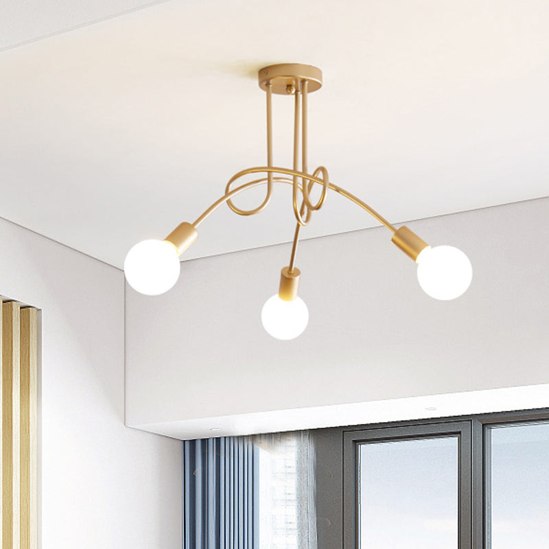 Industriële stijl Twisted Semi Flush Mount Light 3-Light Metallic plafond gemonteerd licht met kale lamp in messing