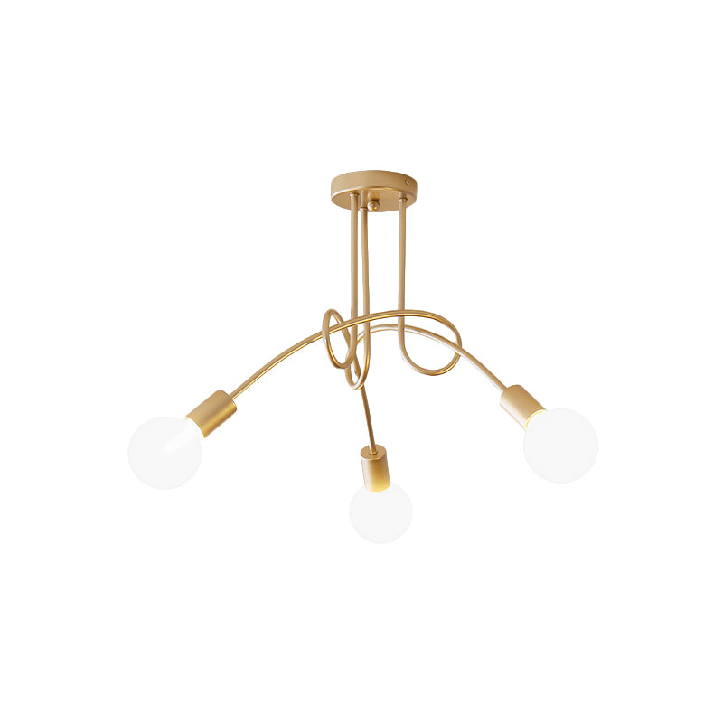 Industrial Style Twisted Semi Flush Mount Light 3-Light Metallic Ceiling Mounted Light with Bare Bulb in Brass