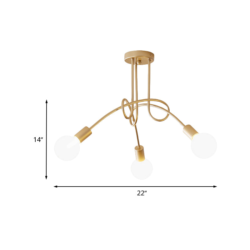 Industriestil Twisted Semi Flush Mount Light 3-Light Metallic Deckenleuchte mit nackter Glühbirne in Messing