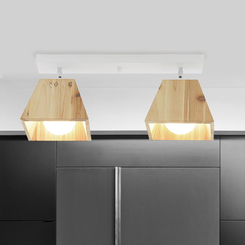 Hedendaagse Trapezoid Semi Flush Pendant Light 1/2/3-head houten plafondlamp in de witte afwerking