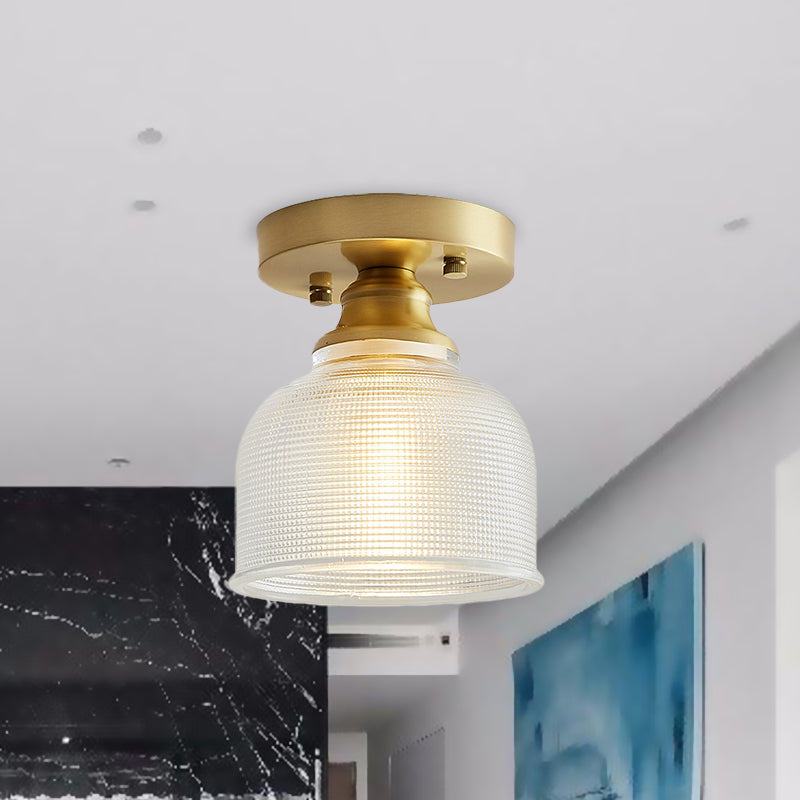 One Light Dome Semi Flush Light Industrial Brass Prismatic Glass Lighting Fixture for Living Room