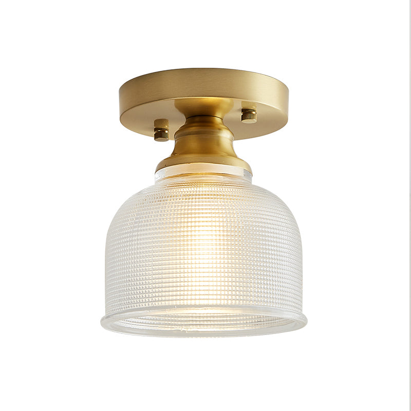 One Light Dome Semi Flush Light Industrial Brass Prismatic Glass Lighting Fixture for Living Room