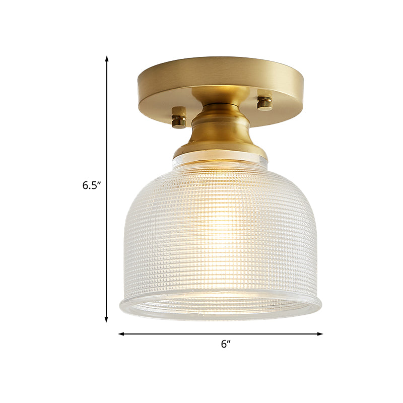 One Light Dome Semi Flush Light Industrial Brass Prismatic Glass Lighting Fixture for Living Room