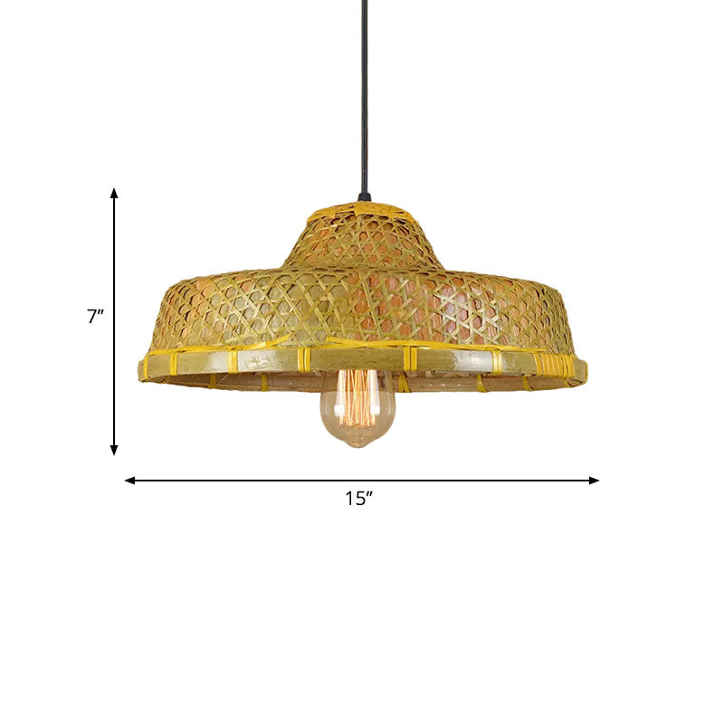 Rustic Hat Shaped Hanging Light Bamboo Shade 1 Light Pendant Lamp over Dining Table