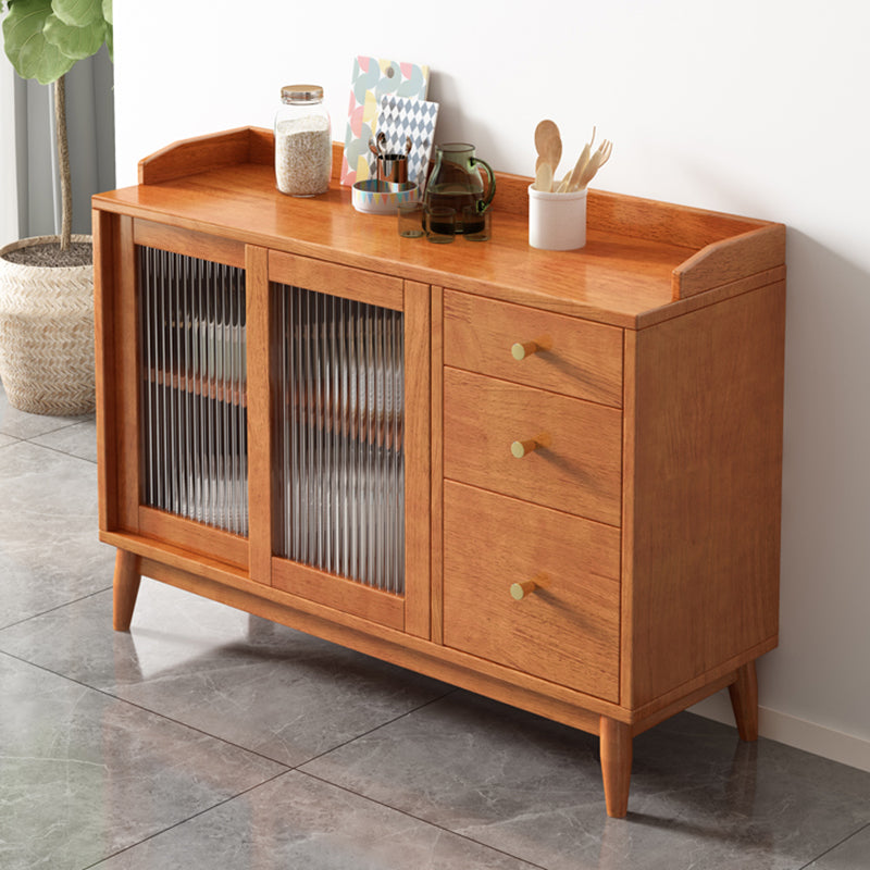 Glam Glass Doors Buffet Stand Rubberwood Solid Wood Sideboard with 3-Drawers