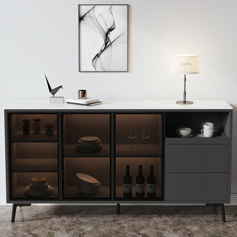 Glass Door Stone Buffet Sideboard Contemporary Style Credenza with LED Lights