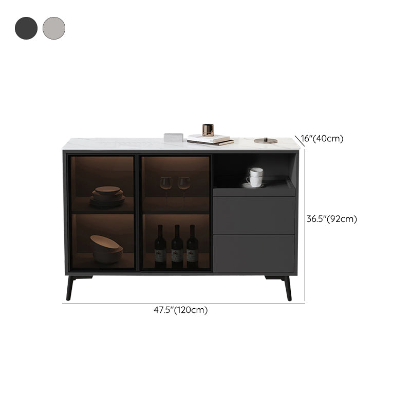 Glass Door Stone Buffet Sideboard Contemporary Style Credenza with LED Lights