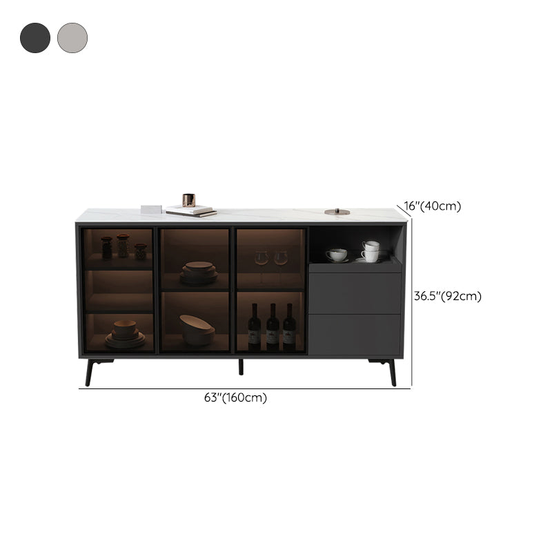 Glass Door Stone Buffet Sideboard Contemporary Style Credenza with LED Lights