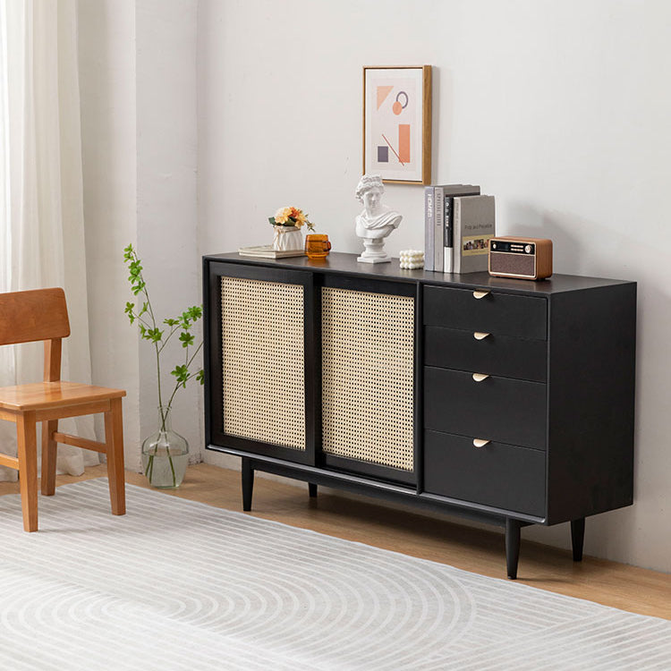 Contemporary Brown Cabinets Doors Sideboard Solid Wood Buffet Table with 4-Drawer