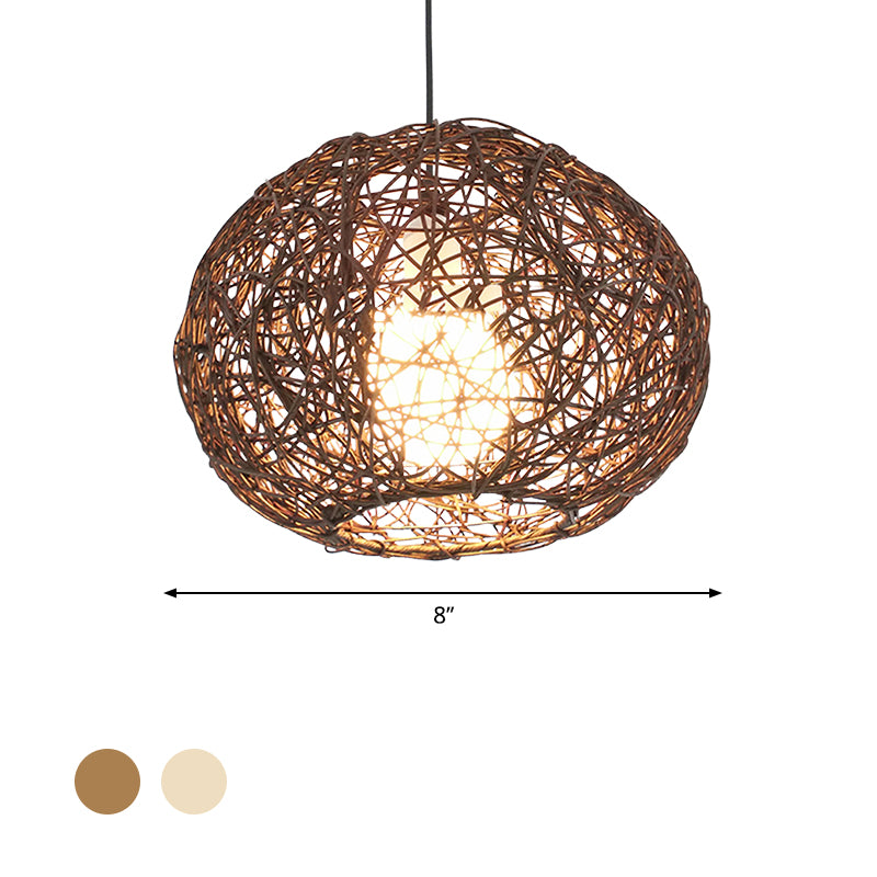 Brown/Ivory Bird‘s Nest Hanging Light Farmhouse Rattan Single Pendant Lamp over Table