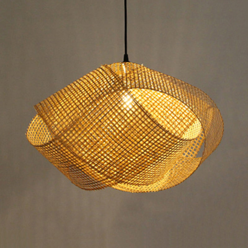 Asian Hand-Worked Hanging Pendant Light Rattan 16"/19.5" W 1 Light Indoor Ceiling Light with Twist Design in Beige