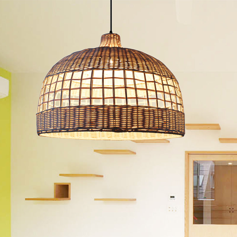 Plafond en dôme brun Light Light Rustic Woven Rattan 1-Light Pendant Lamp For Cafe Restaurant