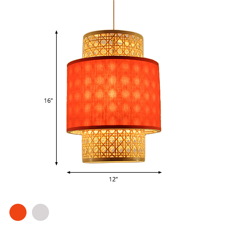 Asian Style 1 Bulb Hanging Light with Bamboo and Fabric Shade Red/White Cylinder Ceiling Light Fixture for Restaurant