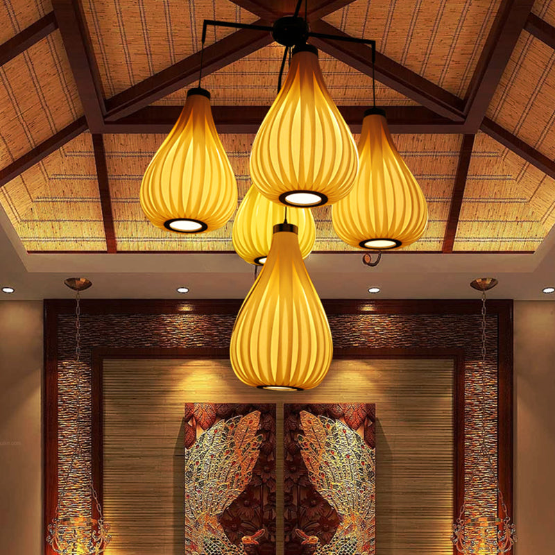 Wood Veneer Teardrop Pendant Light Asian Style 5-Light Light Brown/Dark Brown Hanging Light Fixture for Restaurant