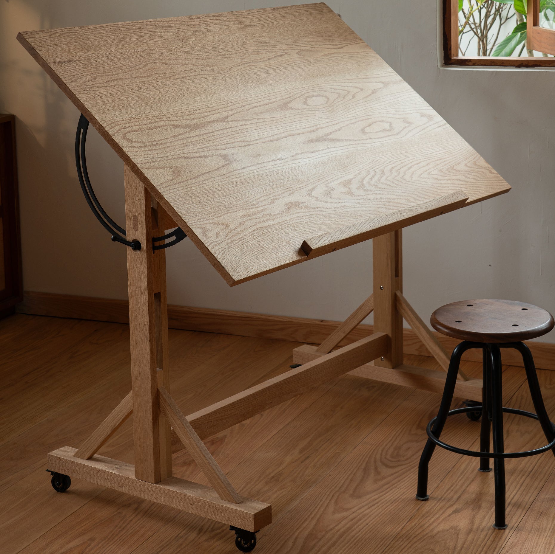 Adjustable Angle Drafting Table Solid Wood Standing Desk with Caster Wheels