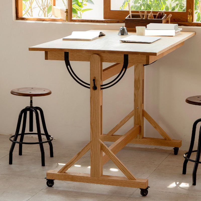 Adjustable Angle Drafting Table Solid Wood Standing Desk with Caster Wheels