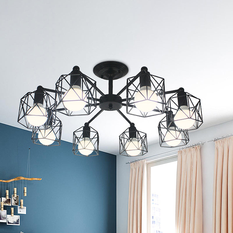 6/8 Lights Spider Semi Flush Light with Global Cage Shade Retro Style Black Metal Semi Flush Pendant Light for Living Room