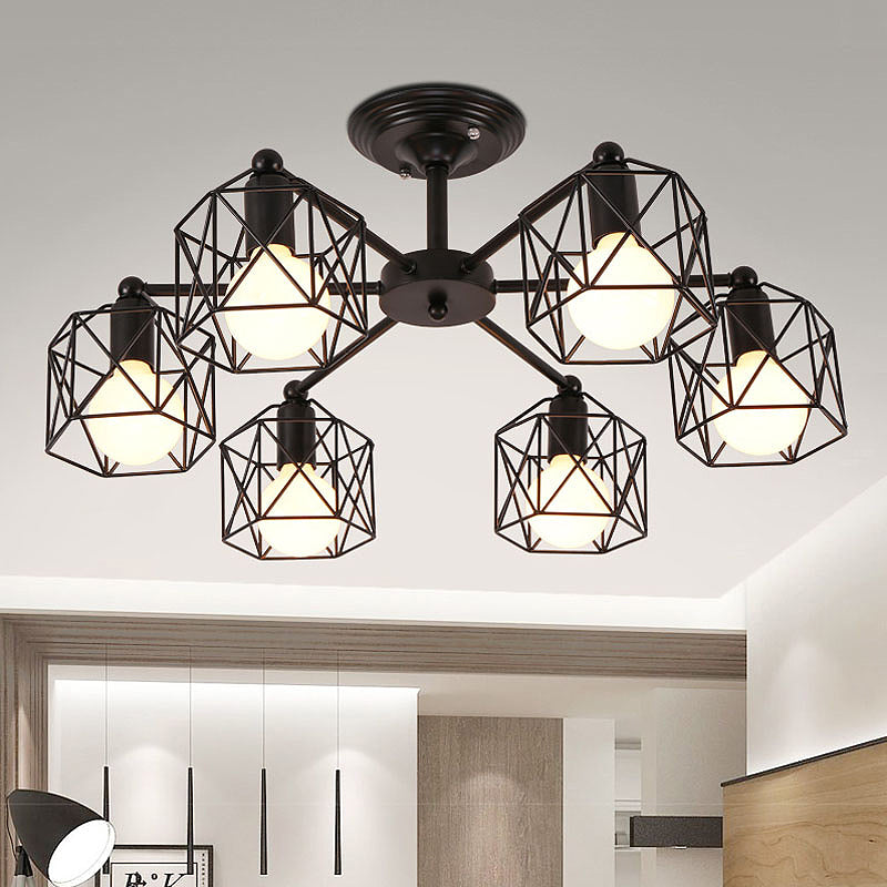 6/8 lumières Spider Semi Flush Light avec une nuance de cage globale de style rétro noir métal semi-luxuré Pendante pour le salon