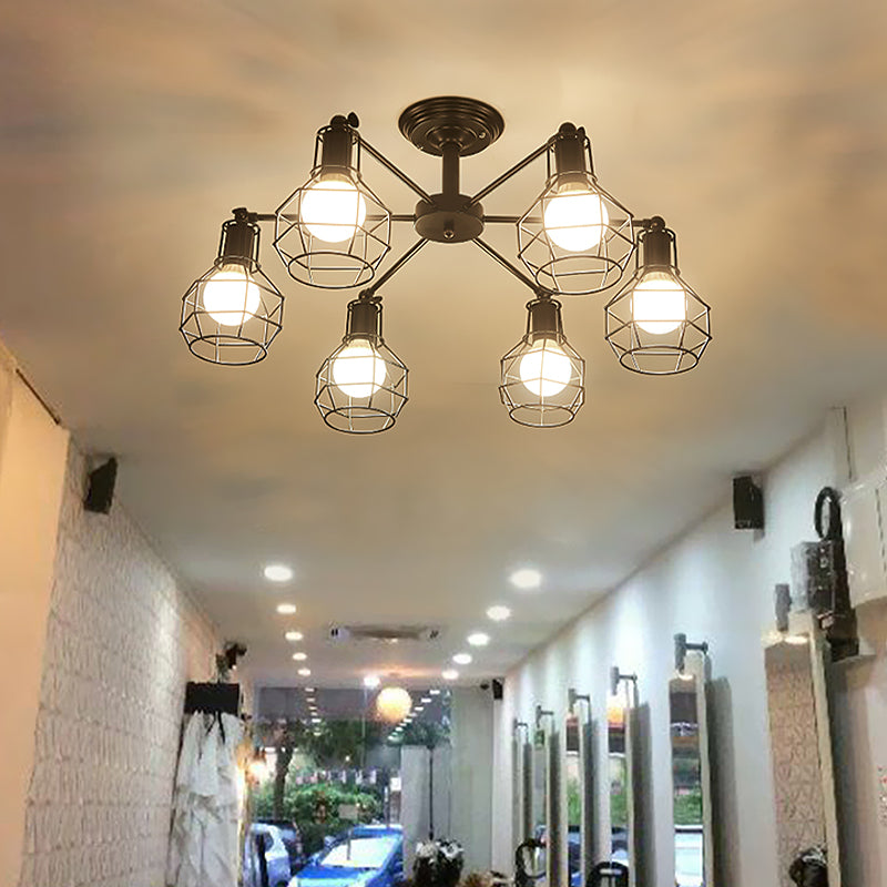 6/8 Lights Spider Semi Flush Light with Global Cage Shade Retro Style Black Metal Semi Flush Pendant Light for Living Room