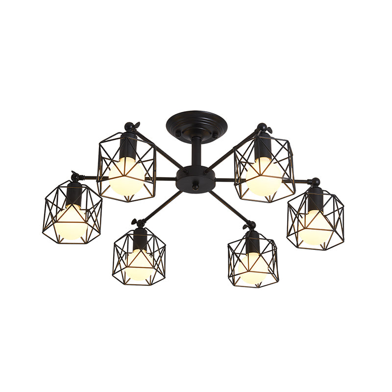 6/8 Lights Spider Semi Flush Light with Global Cage Shade Retro Style Black Metal Semi Flush Pendant Light for Living Room