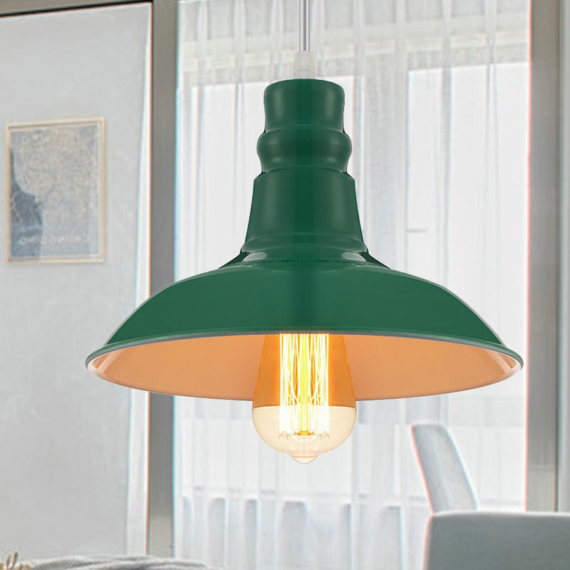 Vintage Barn Shade Pendant Lighting 1 Head Metallic Hanging Light with Adjustable Cord in Green