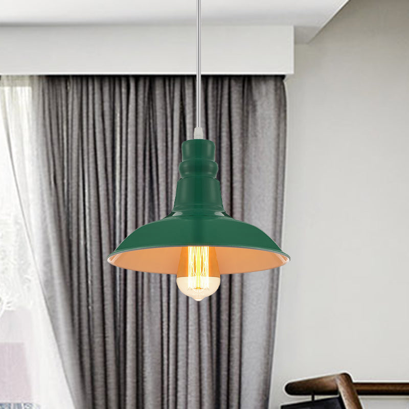 Vintage Barn Shade Pendant Lighting 1 Head Metallic Hanging Light with Adjustable Cord in Green