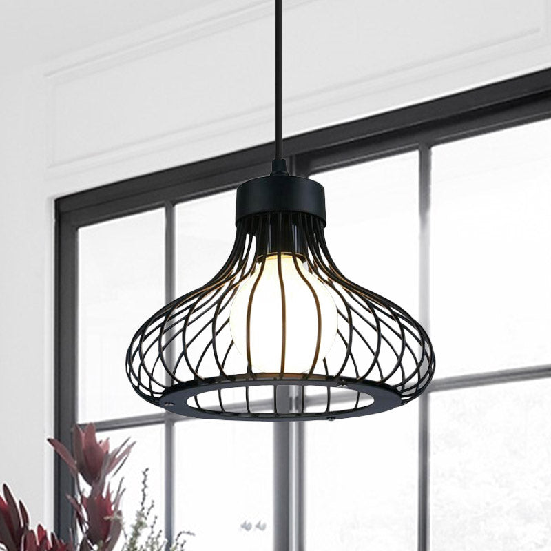 1 Light Onion Ceiling Hanging Light with Wire Cage Retro Black Metal Pendant Lighting for Kitchen