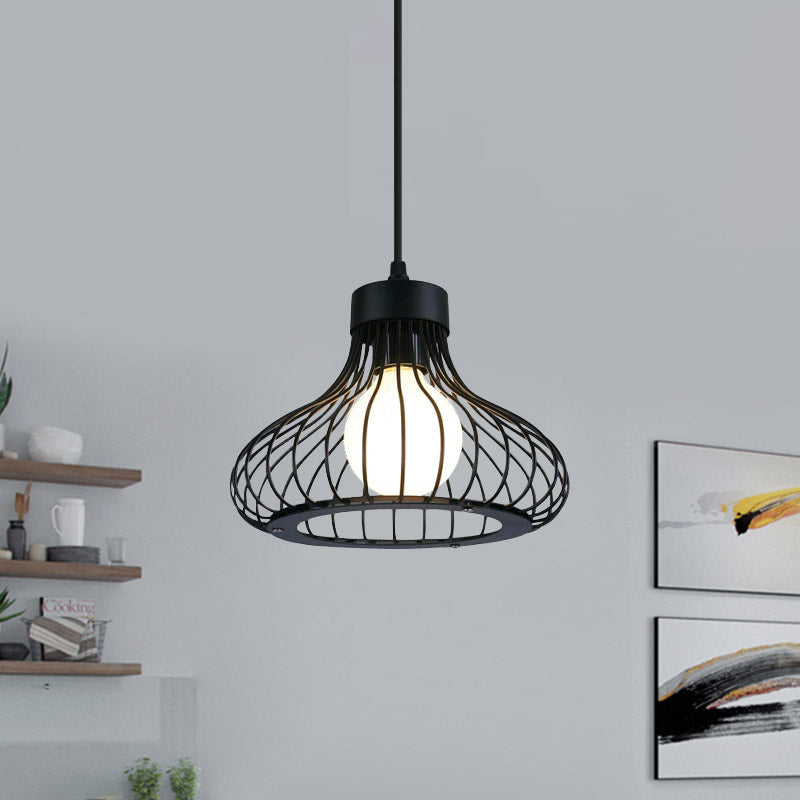 1 Light Onion Ceiling Hanging Light with Wire Cage Retro Black Metal Pendant Lighting for Kitchen