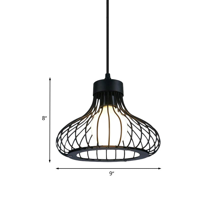 1 Light Onion Ceiling Hanging Light with Wire Cage Retro Black Metal Pendant Lighting for Kitchen