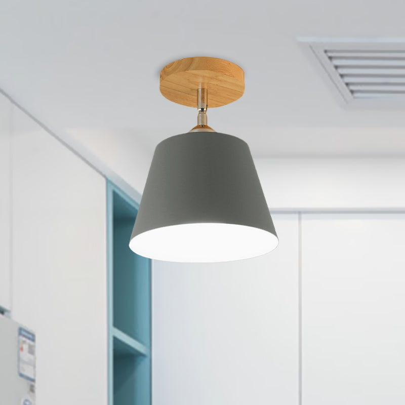 1 Light Tapered Semi Flush Pendant Light Modernism Gray/Pink Metal and Wood Adjustable Ceiling Light