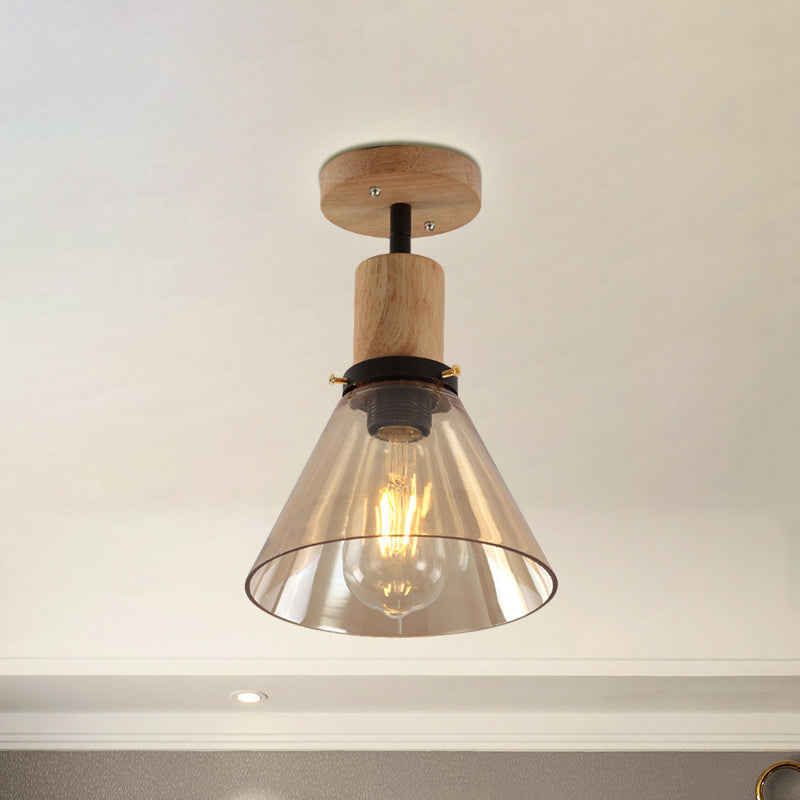 Single Bulb Semi Flush Mount Industrial Cone Amber Glass Ceiling Light in Wood for Foyer