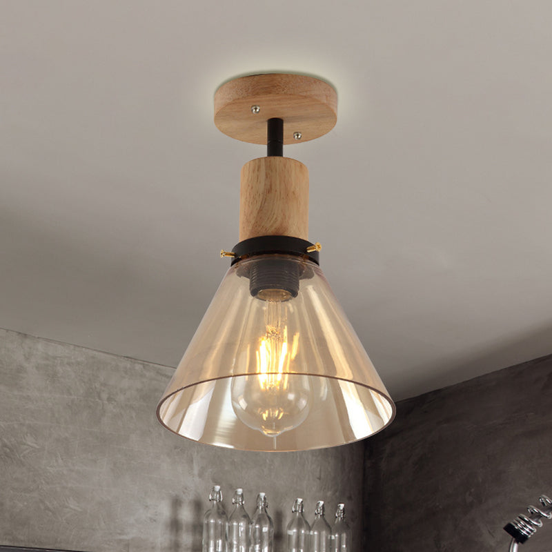 Einzelbirne Semi Flush Mount Industrial Cone Bernsteinglas Deckenleuchte in Holz für Foyer